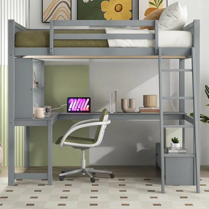 Full Size Loft Bed with L-shaped Multi-storage Desk, LED light & USB Charging Station, Wooden Loft Bed Storage Bench w/2 Drawers