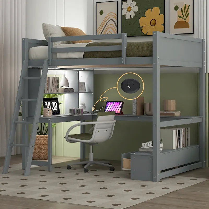 Full Size Loft Bed with L-shaped Multi-storage Desk, LED light & USB Charging Station, Wooden Loft Bed Storage Bench w/2 Drawers
