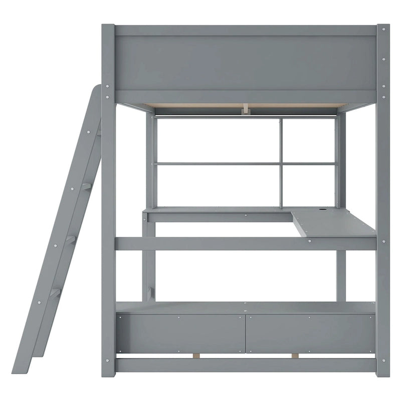 Full Size Loft Bed with L-shaped Multi-storage Desk, LED light & USB Charging Station, Wooden Loft Bed Storage Bench w/2 Drawers
