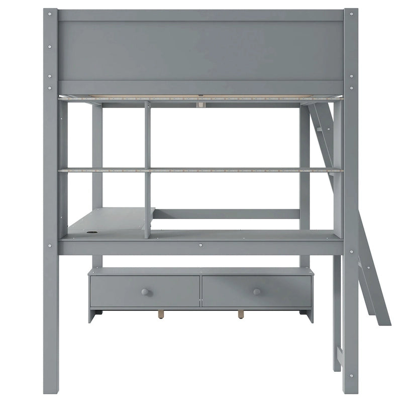 Full Size Loft Bed with L-shaped Multi-storage Desk, LED light & USB Charging Station, Wooden Loft Bed Storage Bench w/2 Drawers