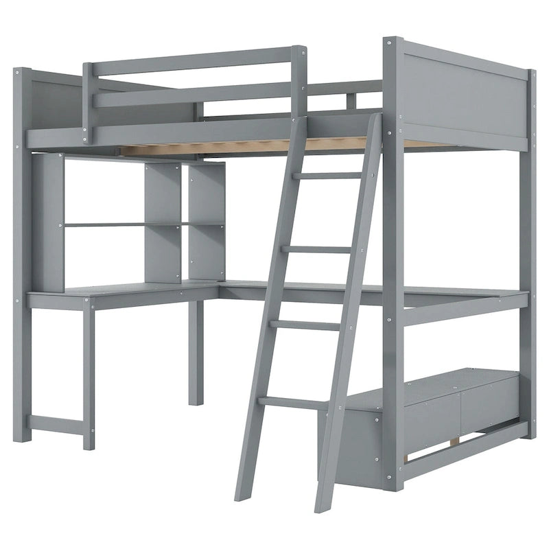 Full Size Loft Bed with L-shaped Multi-storage Desk, LED light & USB Charging Station, Wooden Loft Bed Storage Bench w/2 Drawers