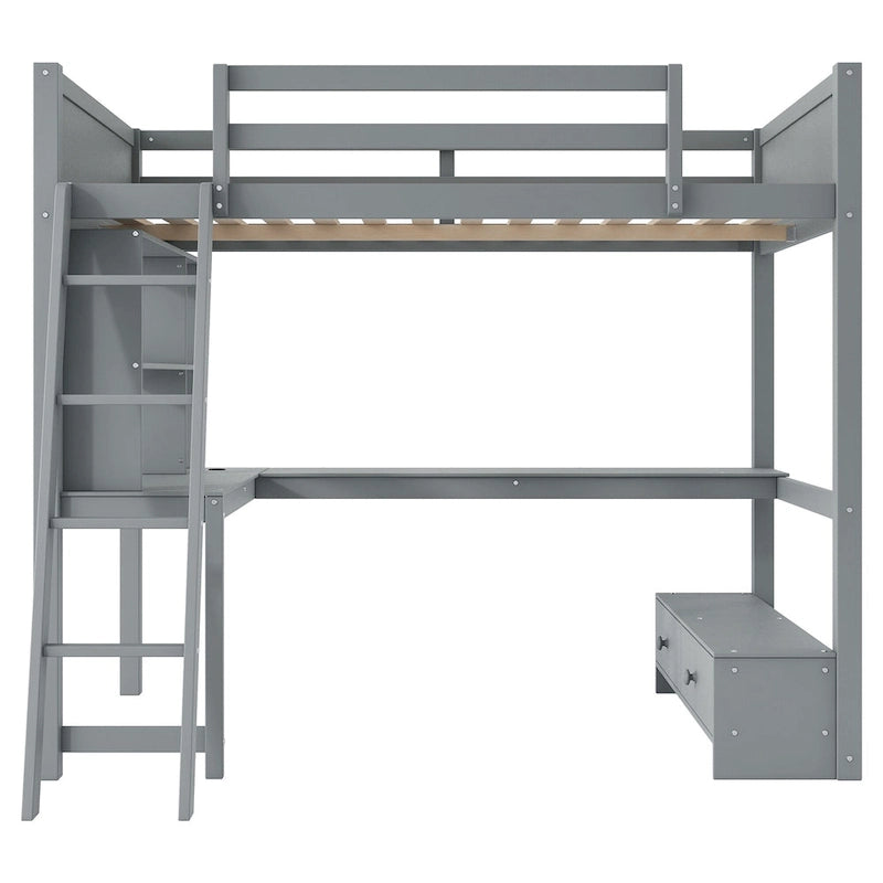 Full Size Loft Bed with L-shaped Multi-storage Desk, LED light & USB Charging Station, Wooden Loft Bed Storage Bench w/2 Drawers