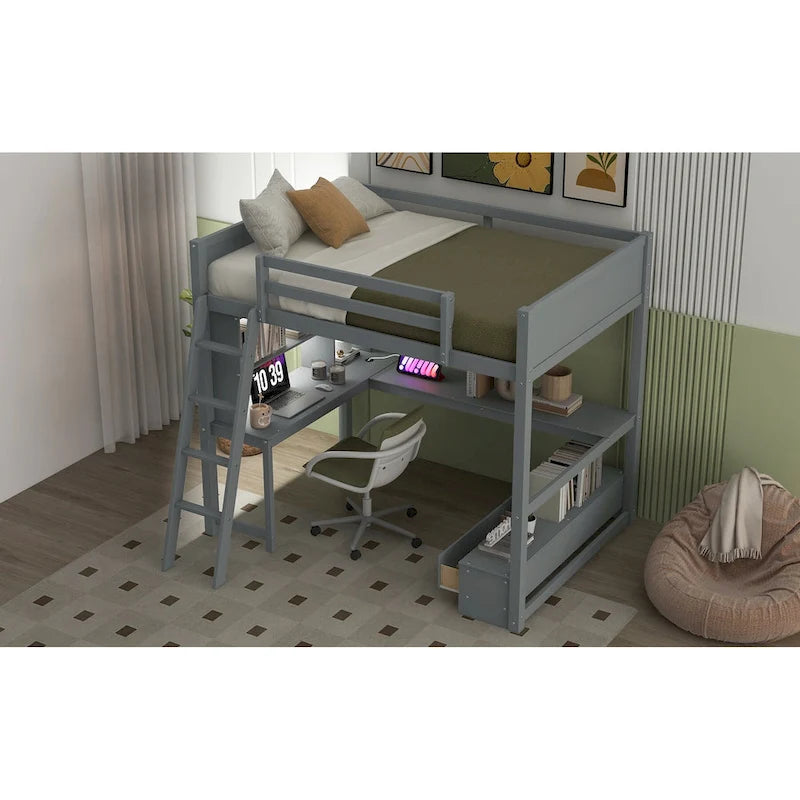 Full Size Loft Bed with L-shaped Multi-storage Desk, LED light & USB Charging Station, Wooden Loft Bed Storage Bench w/2 Drawers