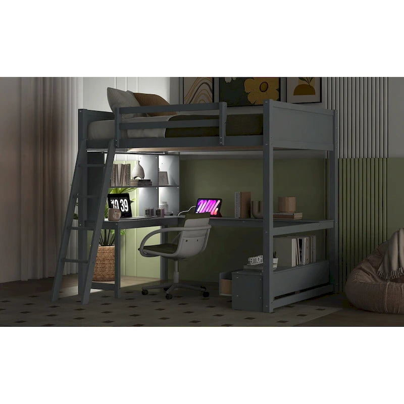 Full Size Loft Bed with L-shaped Multi-storage Desk, LED light & USB Charging Station, Wooden Loft Bed Storage Bench w/2 Drawers