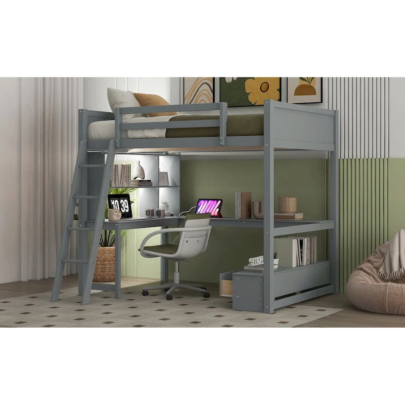 Full Size Loft Bed with L-shaped Multi-storage Desk, LED light & USB Charging Station, Wooden Loft Bed Storage Bench w/2 Drawers