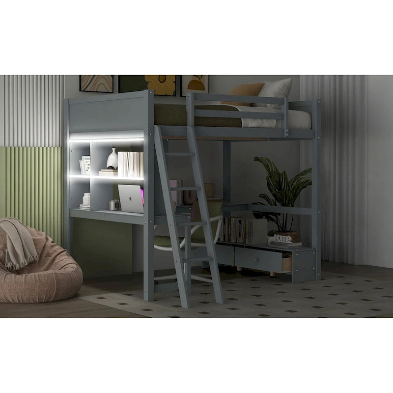 Full Size Loft Bed with L-shaped Multi-storage Desk, LED light & USB Charging Station, Wooden Loft Bed Storage Bench w/2 Drawers