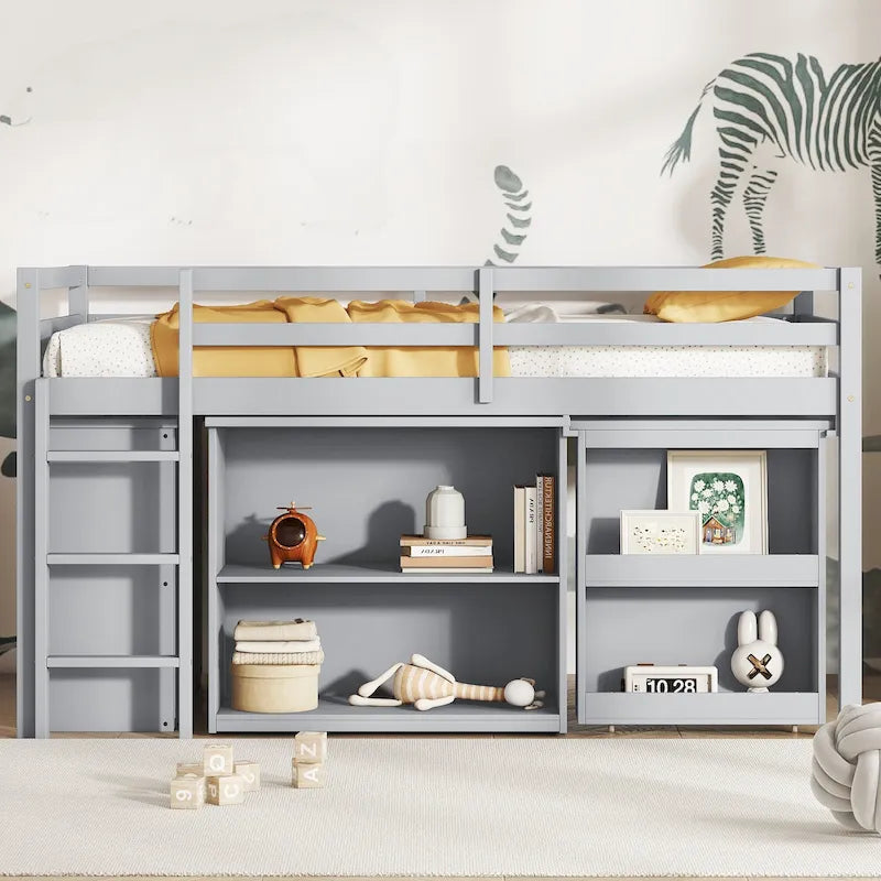 Twin Size Low Loft Bed with 3 Drawers,Shelf Cabinet and Pull Out Desk