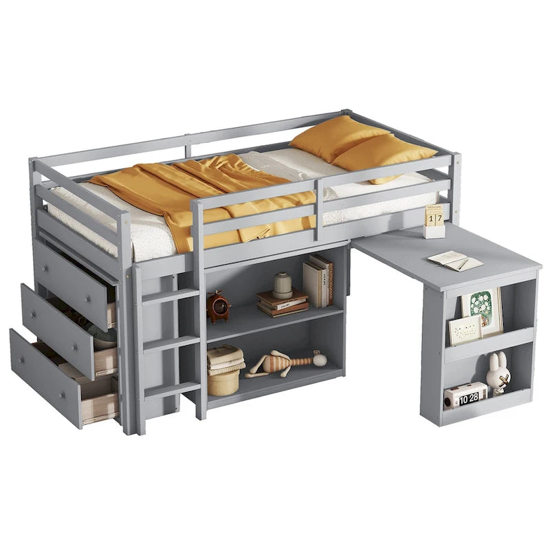 Twin Size Low Loft Bed with 3 Drawers,Shelf Cabinet and Pull Out Desk
