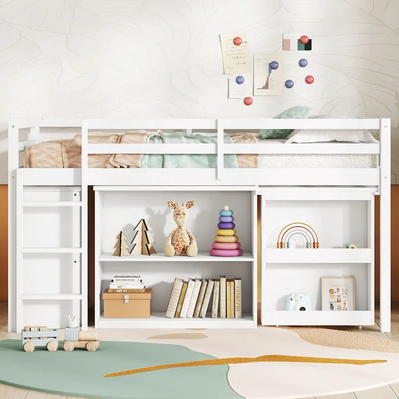 Twin Size Low Loft Bed with 3 Drawers,Shelf Cabinet and Pull Out Desk