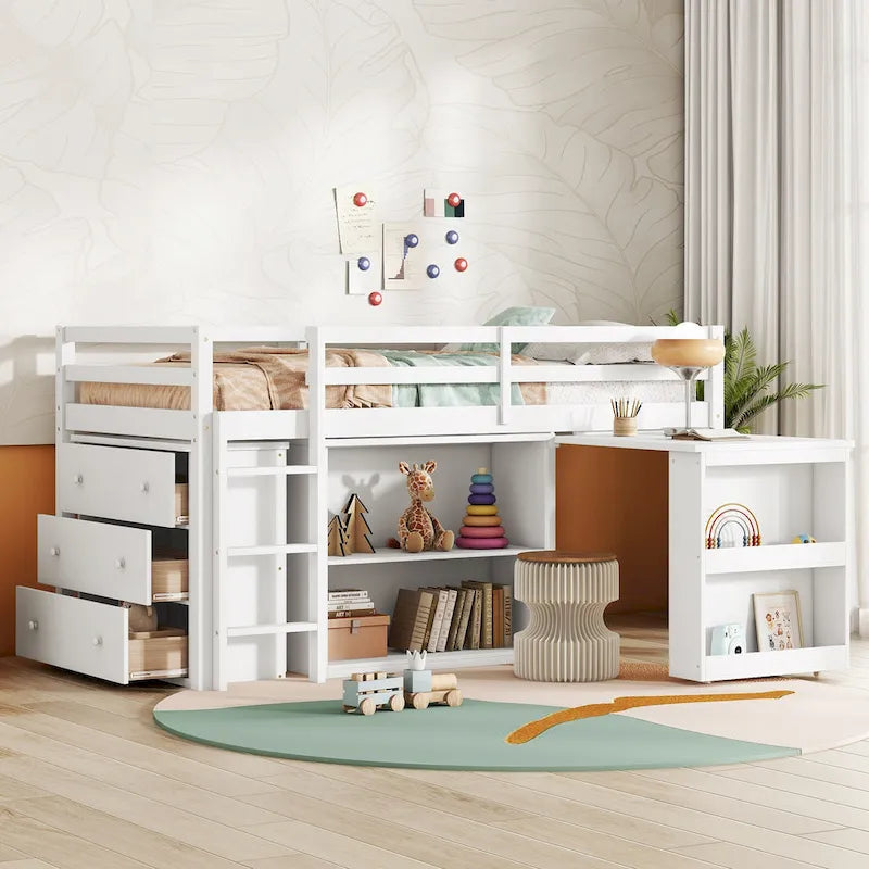 Twin Size Low Loft Bed with 3 Drawers,Shelf Cabinet and Pull Out Desk