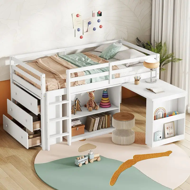 Twin Size Low Loft Bed with 3 Drawers,Shelf Cabinet and Pull Out Desk