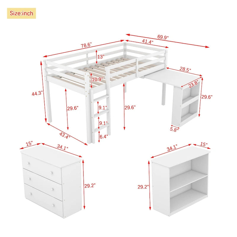Twin Size Low Loft Bed with 3 Drawers,Shelf Cabinet and Pull Out Desk