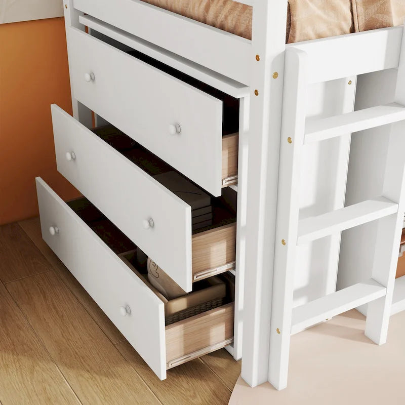Twin Size Low Loft Bed with 3 Drawers,Shelf Cabinet and Pull Out Desk