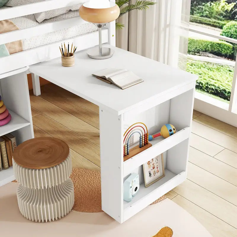 Twin Size Low Loft Bed with 3 Drawers,Shelf Cabinet and Pull Out Desk