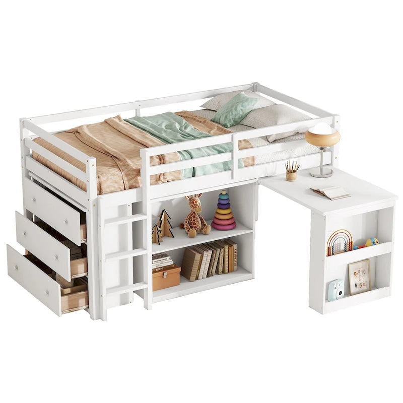 Twin Size Low Loft Bed with 3 Drawers,Shelf Cabinet and Pull Out Desk
