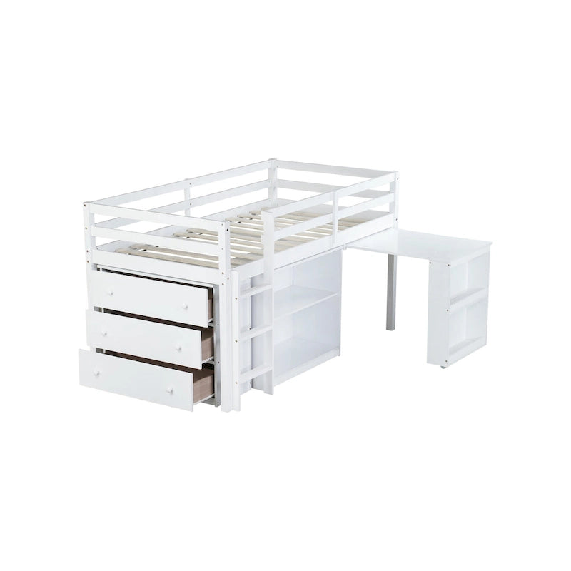 Twin Size Low Loft Bed with 3 Drawers,Shelf Cabinet and Pull Out Desk