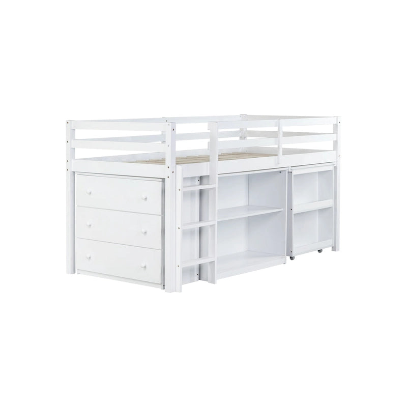 Twin Size Low Loft Bed with 3 Drawers,Shelf Cabinet and Pull Out Desk