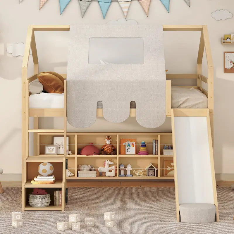 House-shaped Wooden Loft Bed with Tent, Slide, Ladder and Shelves