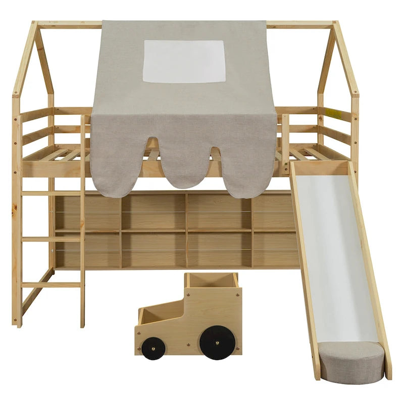 House-shaped Wooden Loft Bed with Tent, Slide, Ladder and Shelves