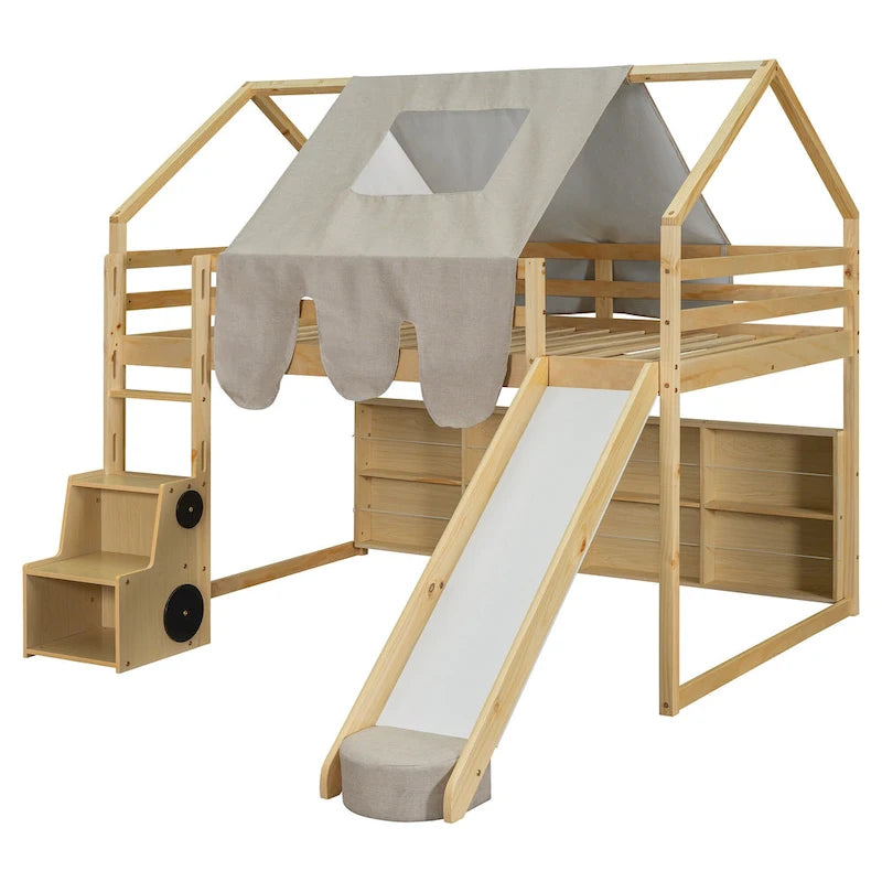 House-shaped Wooden Loft Bed with Tent, Slide, Ladder and Shelves