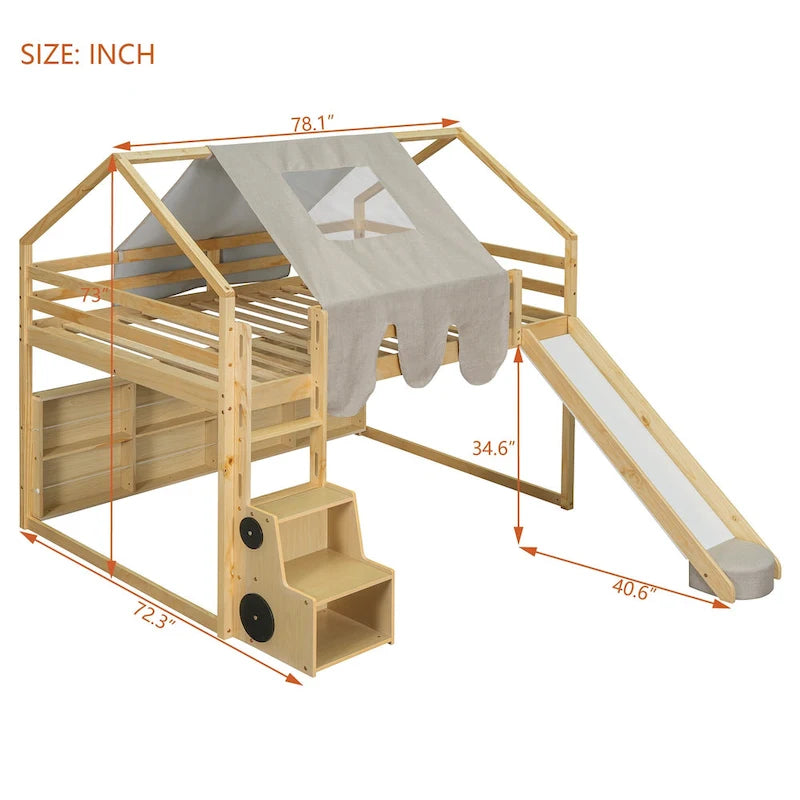 House-shaped Wooden Loft Bed with Tent, Slide, Ladder and Shelves