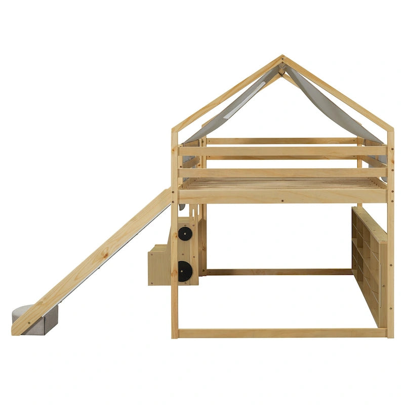 House-shaped Wooden Loft Bed with Tent, Slide, Ladder and Shelves