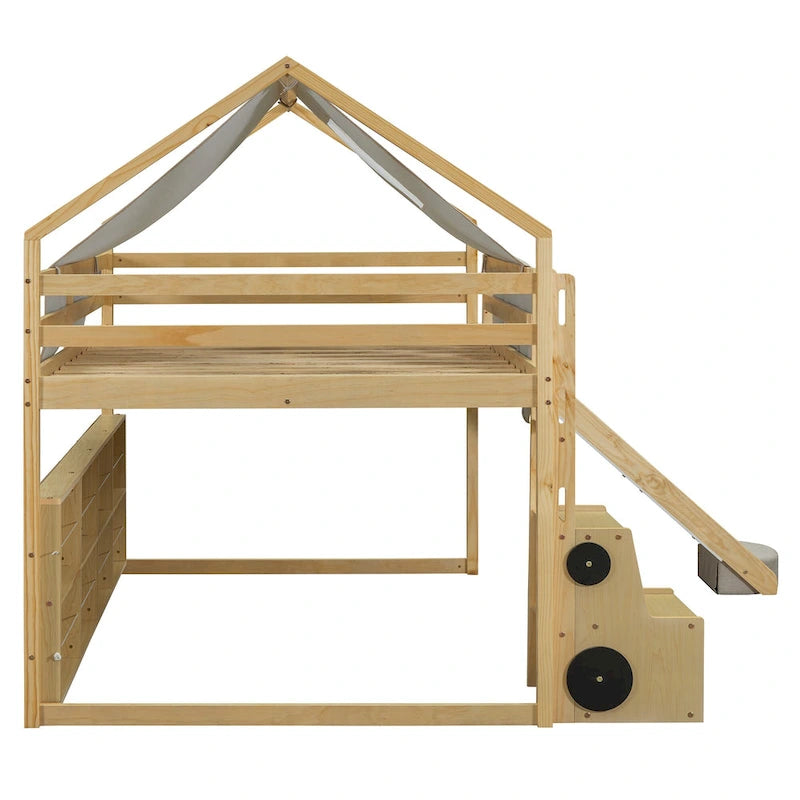 House-shaped Wooden Loft Bed with Tent, Slide, Ladder and Shelves