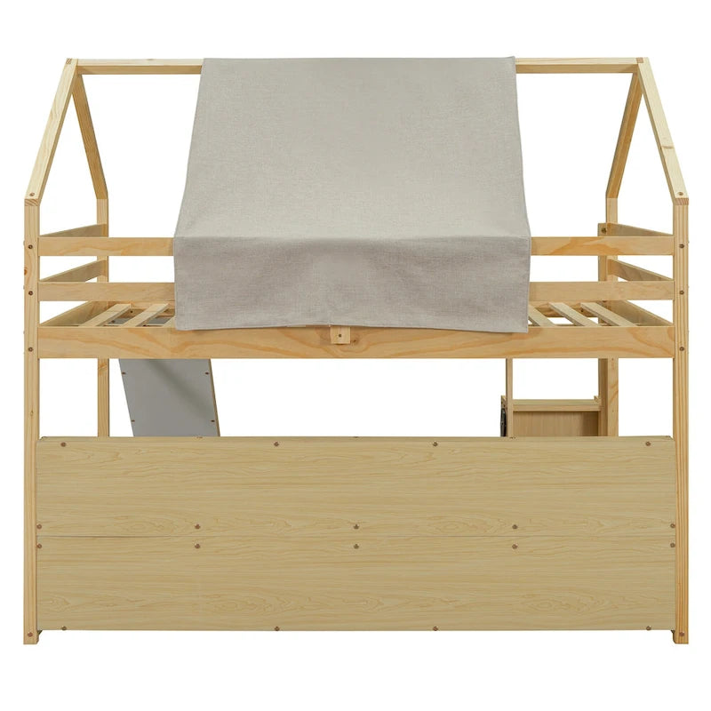 House-shaped Wooden Loft Bed with Tent, Slide, Ladder and Shelves