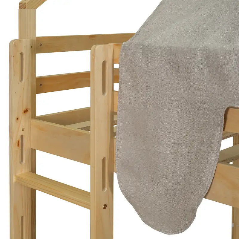 House-shaped Wooden Loft Bed with Tent, Slide, Ladder and Shelves