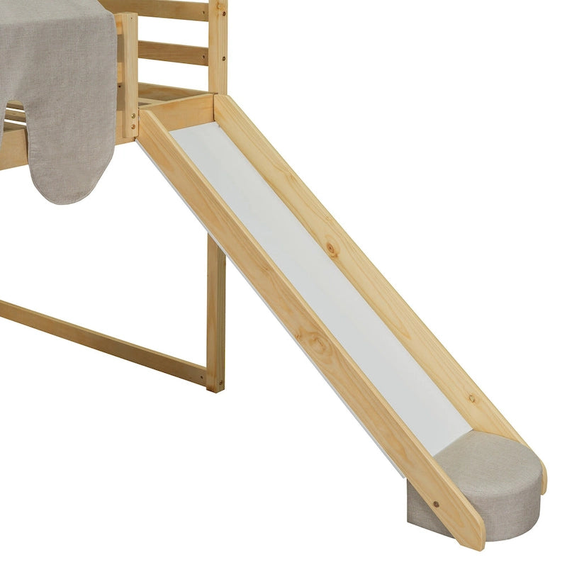 House-shaped Wooden Loft Bed with Tent, Slide, Ladder and Shelves