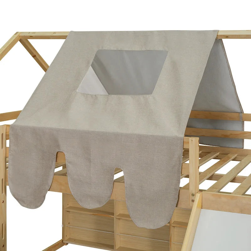 House-shaped Wooden Loft Bed with Tent, Slide, Ladder and Shelves