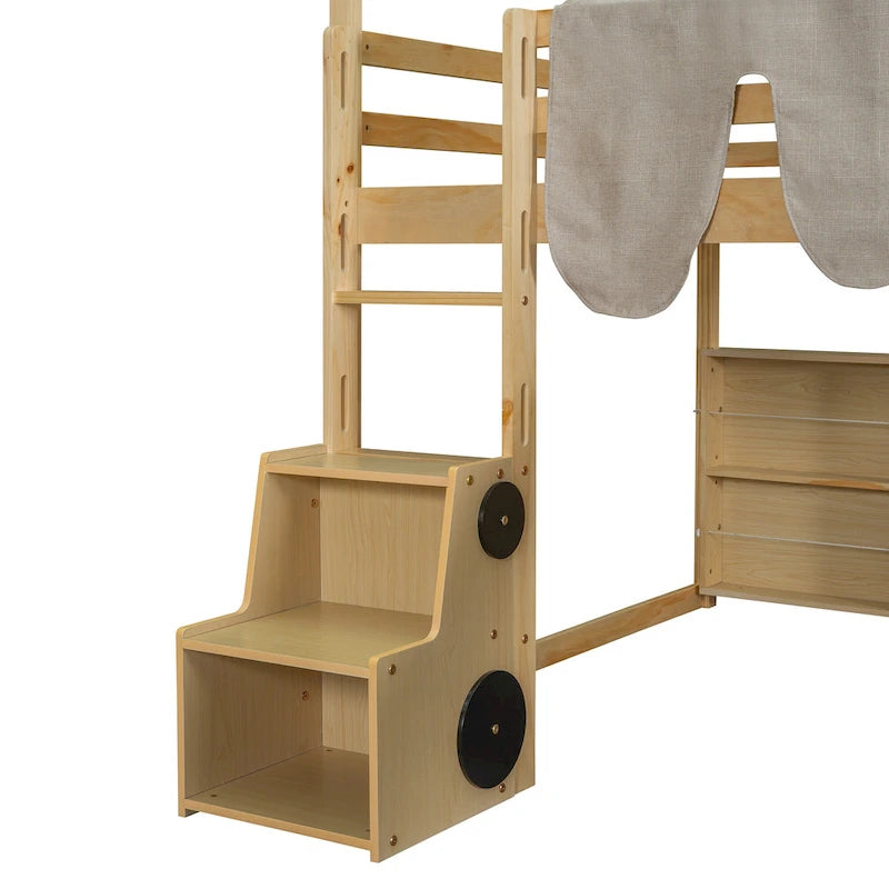 House-shaped Wooden Loft Bed with Tent, Slide, Ladder and Shelves