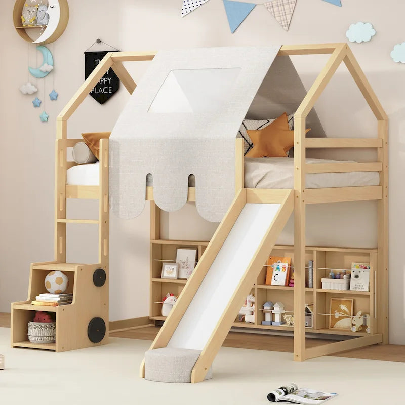 House-shaped Wooden Loft Bed with Tent, Slide, Ladder and Shelves