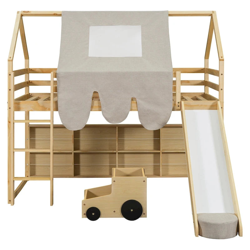 House-shaped Wooden Loft Bed with Tent, Slide, Ladder and Shelves