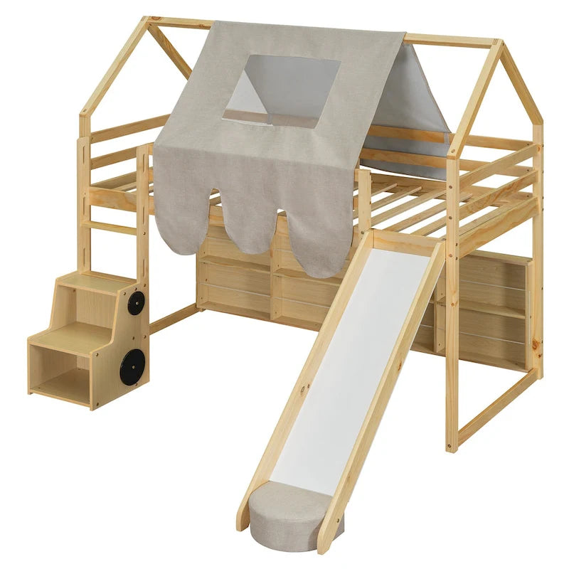 House-shaped Wooden Loft Bed with Tent, Slide, Ladder and Shelves