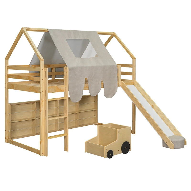 House-shaped Wooden Loft Bed with Tent, Slide, Ladder and Shelves