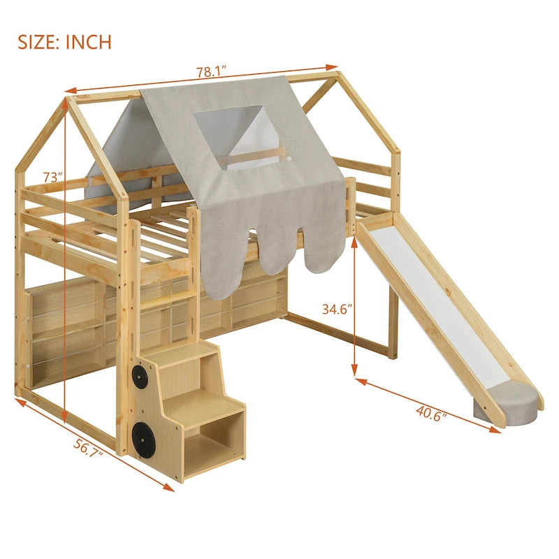 House-shaped Wooden Loft Bed with Tent, Slide, Ladder and Shelves