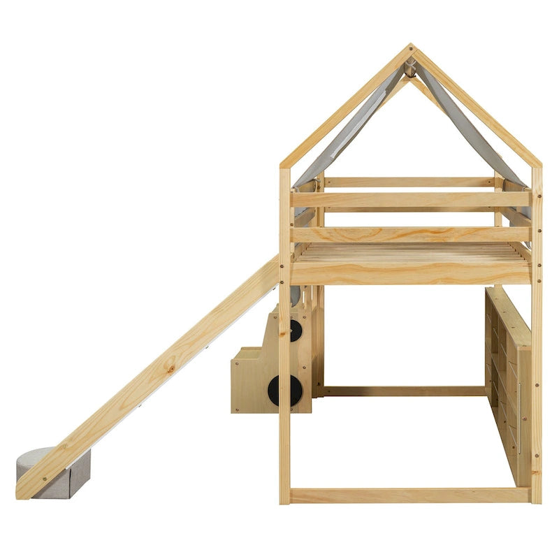 House-shaped Wooden Loft Bed with Tent, Slide, Ladder and Shelves