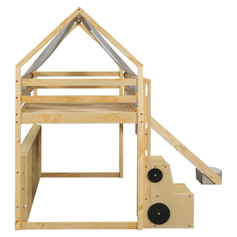 House-shaped Wooden Loft Bed with Tent, Slide, Ladder and Shelves