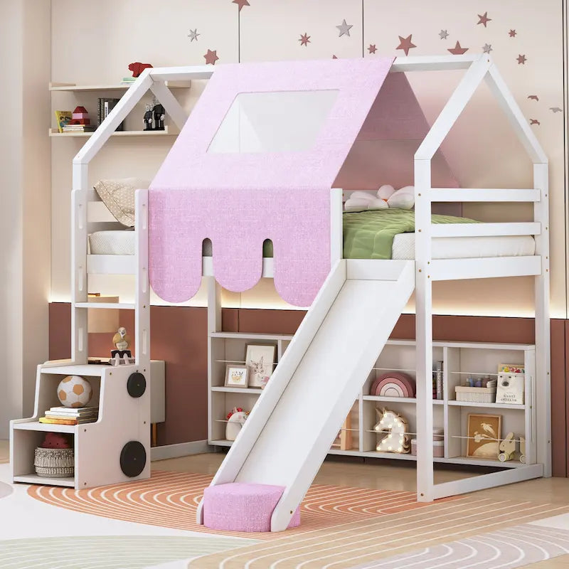 House-shaped Wooden Loft Bed with Tent, Slide, Ladder and Shelves