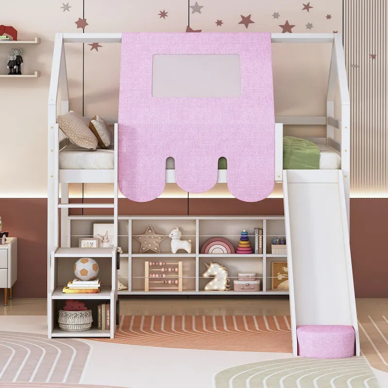 House-shaped Wooden Loft Bed with Tent, Slide, Ladder and Shelves