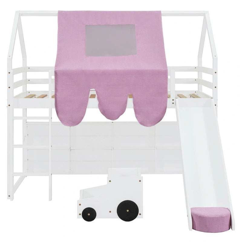 House-shaped Wooden Loft Bed with Tent, Slide, Ladder and Shelves