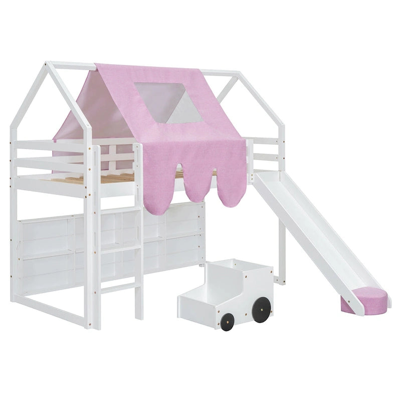 House-shaped Wooden Loft Bed with Tent, Slide, Ladder and Shelves