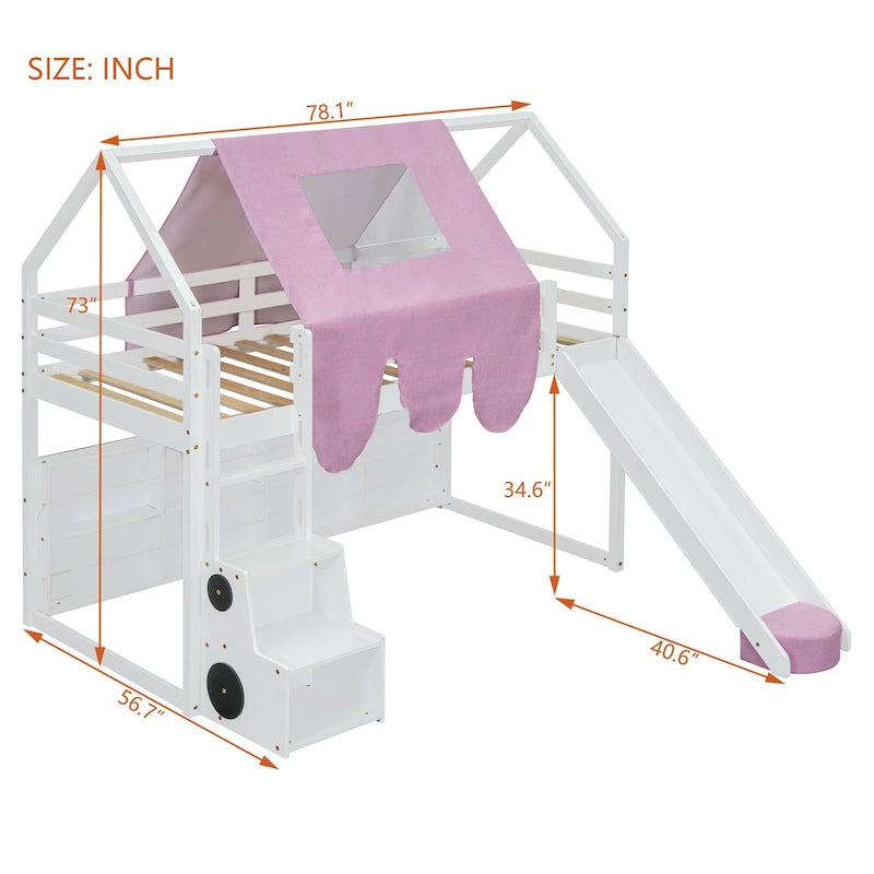 House-shaped Wooden Loft Bed with Tent, Slide, Ladder and Shelves