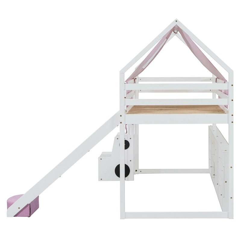 House-shaped Wooden Loft Bed with Tent, Slide, Ladder and Shelves