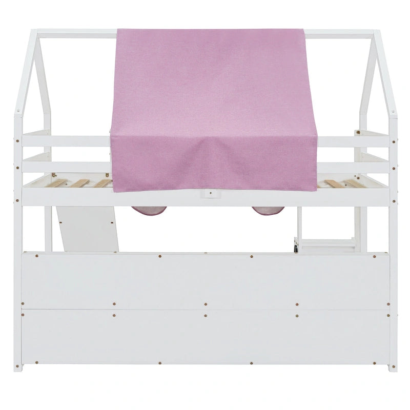 House-shaped Wooden Loft Bed with Tent, Slide, Ladder and Shelves