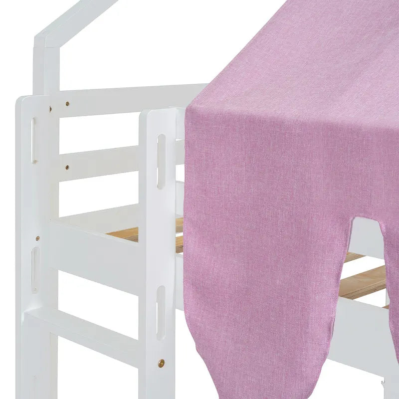 House-shaped Wooden Loft Bed with Tent, Slide, Ladder and Shelves