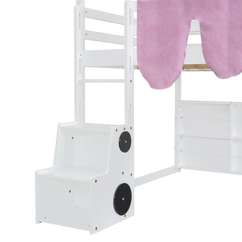 House-shaped Wooden Loft Bed with Tent, Slide, Ladder and Shelves