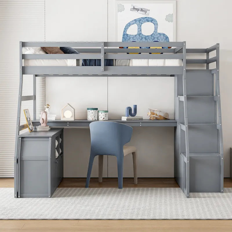 Full Size Loft Bed with Desk, 7 Drawers and 2 Shelves