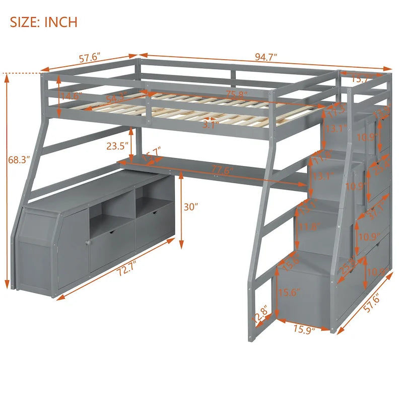 Full Size Loft Bed with Desk, 7 Drawers and 2 Shelves
